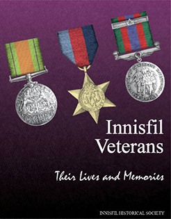 Book cover depicts war medals on purple background for Innisfil Their Lives and Memories by Innisfil Historical Society