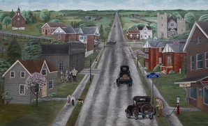 Mural painting by Sonja Rathke depicting the village of Stroud circa 1925