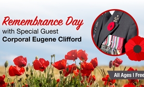 Image promoting a Remembrance Day event with speaker Corporal Eugene Clifford